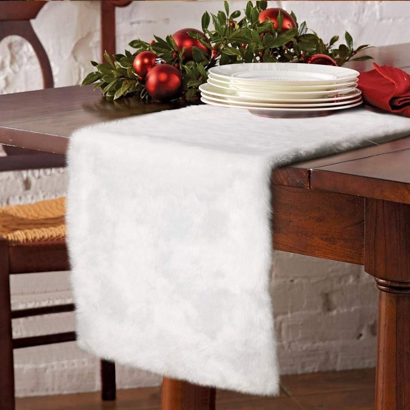 OurWarm Christmas Table Runner 72 x 15 Inch, Snowy White Faux Fur Table Runner for Christmas Table Decorations - Image 1